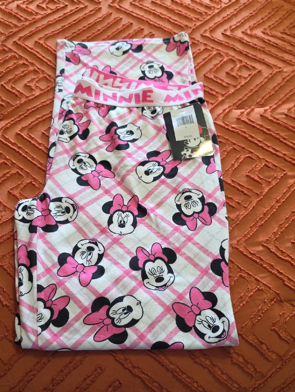 Disney Minnie Mouse Pink and White Plaid Pajama Bottoms. New With Tags.